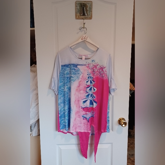 LEOMA LOVEGROVE SIZE LARGE BEACH TOWN BEACH UMBRELLA WITH CHAISE CHAIR PRINT - Picture 2 of 7